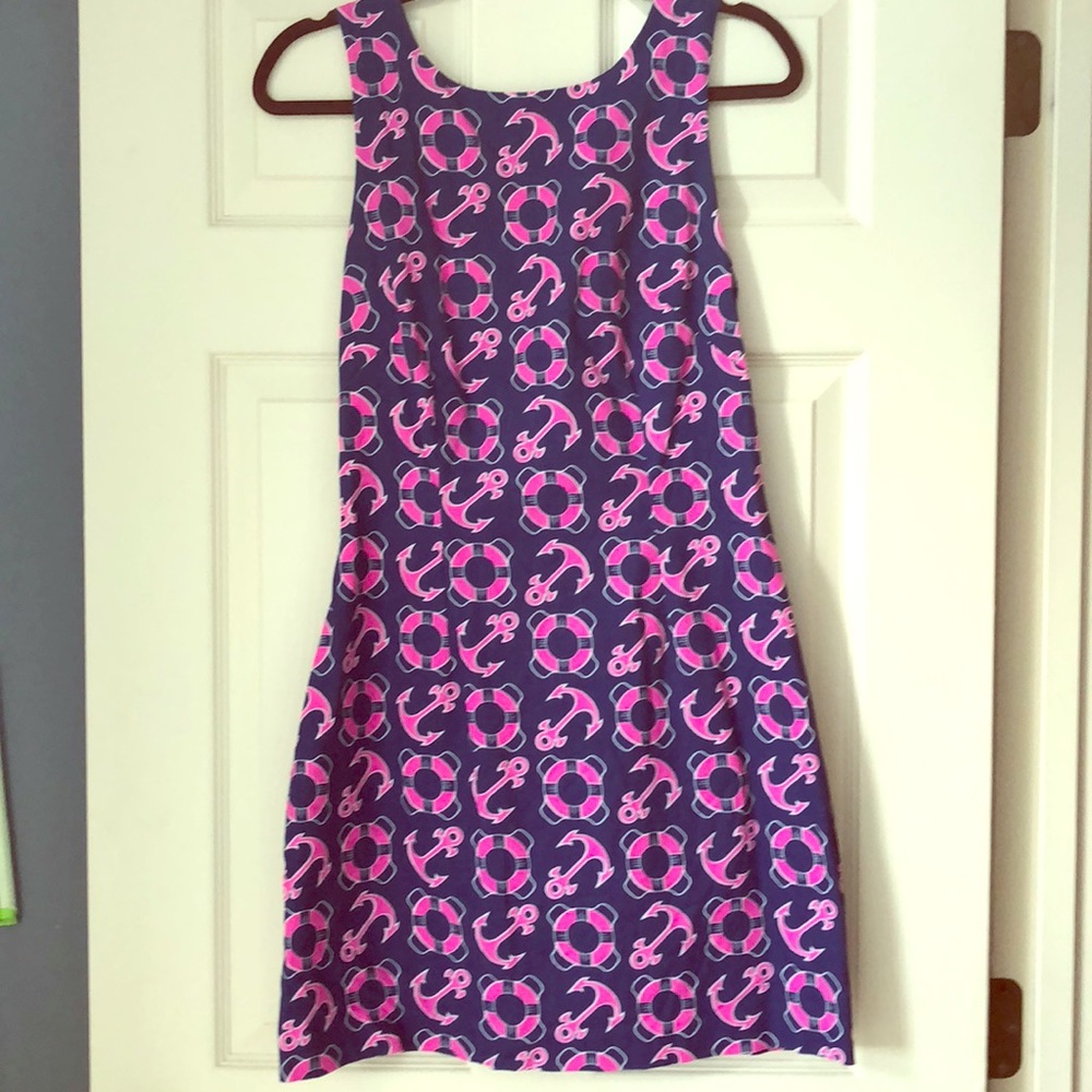 Navy dress with pink nautical print